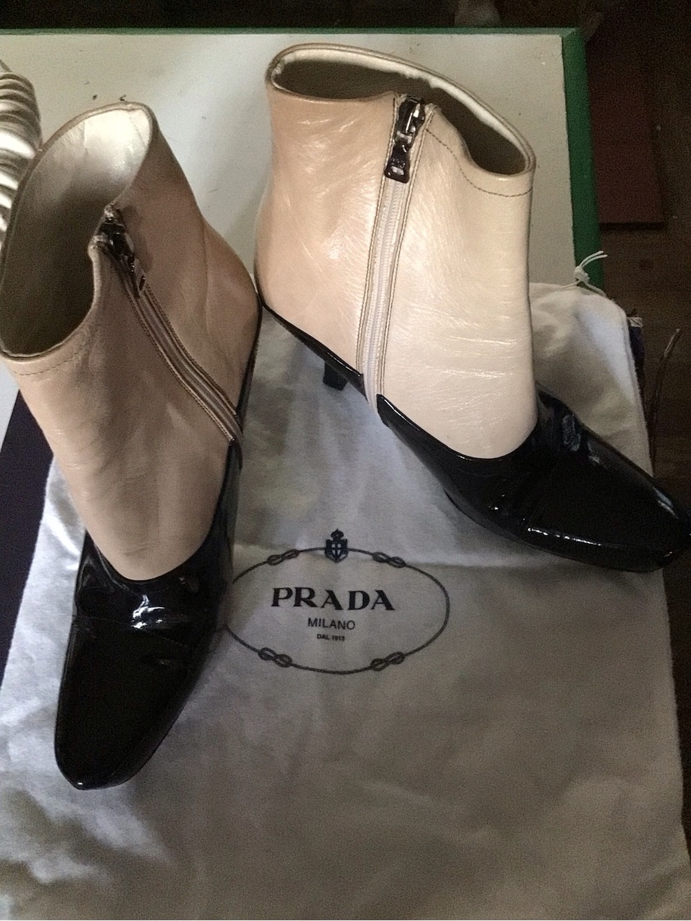 Prada Cream Leather and Black Patent Toe Ankle Booties size 38 1/2 vintage
